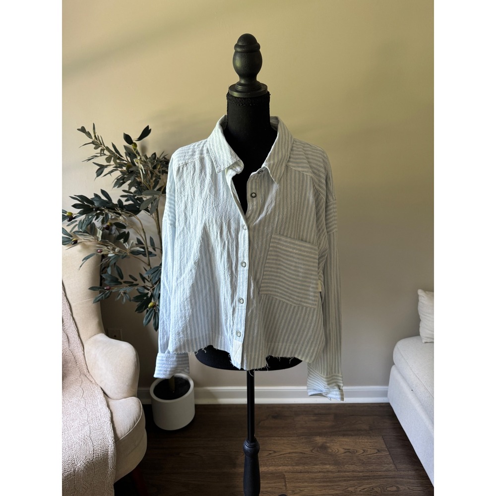 We The Free People Striped Button Down Shirt Blue White Raw Hem Large